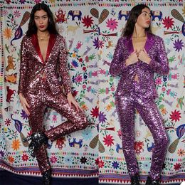 Purple Sequined Mother of the Bride Pants Suit Women Ladies Glitter Evening Party Tuxedos Formal Work Wear For Wedding 2 pcs 325k