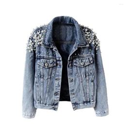 Women's Jackets Spring And Summer Heavy Beaded Denim Jacket Short Long Sleeve Fashion Large Pearl Coat For Women