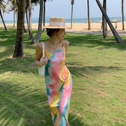 Casual Dresses 2024 Tie Dye Bandage Sexy Long Dress Summer Women Fashion Streetwear Outfits Club Sundress Beach Lady