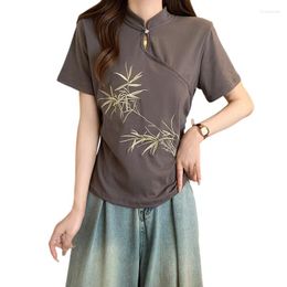 Women's T Shirts Women Cotton T-Shirt Summer Stand Collar Short Sleeve Thin Large Size Loose Bamboo Leaf Embroidery Black Grey Apricot Tops