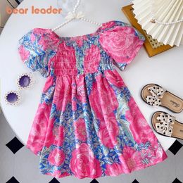 Girl Dresses Bear Leader Girls' Summer Dress Children's Wrinkled Bubble Sleeve Big Flower Princess Party Holiday