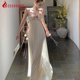 Casual Dresses 2024 Sexy V Neck Backless Spaghetti Sling Long Women High End Holiday Sleeveless 3D Flower Appliques Party Fairy Dress