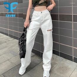 Women's Jeans FAVRE Fashion Hollow Out White Womens Streetwear High Waist Button Denim Pants Vintage Straight Harajuku Cargo Trousers