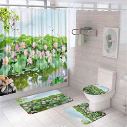Shower Curtains Summer Lotus Leaves Flower Curtain Set For Bathroom Decor Home Garden Pond Bird Swan Carpet Rug Bath Mat Toilet Lid Cover