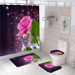 Shower Curtains Blue And Red Pink Rose Print Curtain Set Waterproof Bath Mat Non-slip Carpet Lover Home Room Decoration