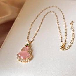 Pendant Necklaces Minar Chinese Style Pink Colour Opal Natural Stone CZ Zircon Bottle Gourd For Women Real Gold Copper Choker