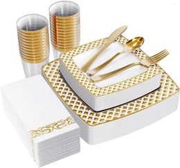 Disposable Dinnerware 175 Pieces Gold Cutlery Set 25 Guests Square Plastic Plates Cups Napkins