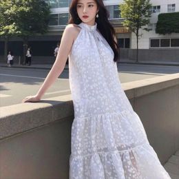 Casual Dresses High Street Fashion 2024 Women's Summer Sleeveless Neck-mounted Bow Loose Folds Jacquard Mermaid Long Dress