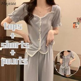 Women's Sleepwear Pajama Sets Women Square Collar Solid Summer Simple Female Edible Tree Fashion All-match Breathable Home Cozy