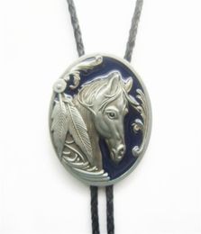 Men Bolo Tie New Vintage Blue Enamel Western Horse Head Oval Bolo Tie Wedding Leather Necklace BOLOTIEWT057BL Brand New In Stock1104973