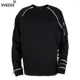 Men's Hoodies Retro Functional Style Multi Zipper Crew Neck Sweatshirt Jacket Streetwear Black Pullover Coat Male