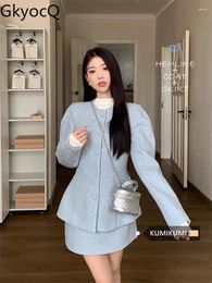 Work Dresses GkyocQ Korean Chic Elegant Two Piece Sets Temperament Blue Suit Thickened Puff Sleeve Tweed Jacket High Waist A-line Skirt