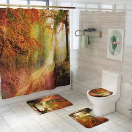 Bath Mats Scenic Printed Mat And Shower Curtain Set 4pcs Modern Rugs Anti Skid Bathroom Carpet Toilet Foot Pad