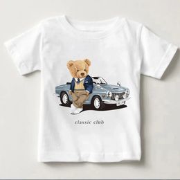 Funny Bear Riding Motorcycle Car Print Boys And Girls White Tshirt Childrens Summer Harajuku Baby Clothes Tops 240510