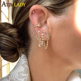 Dangle Earrings Gold Plated Sparking Clear CZ Paved With Tassel Chain Star Shaped Multi Piercing Double Sided Fashion Earring For Women