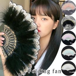 Decorative Figurines Lolita Feather Folding Fan Japanese Fairy Girl Gothic Court Dance Hand With Pendant Po Props Wedding Party Decor Crafts