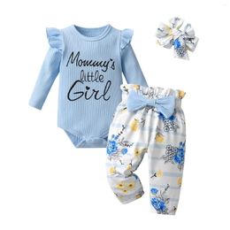 Clothing Sets Spring Autumn Born Infant Baby Girls Cotton Clothes Set Long Sleeve Knitted Bodysuit Top Floral Pants Bow Headband Outfit