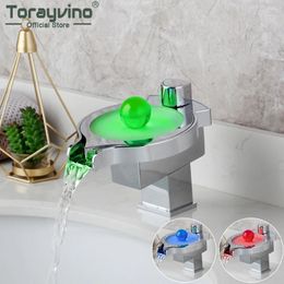 Bathroom Sink Faucets Torayvino LED Faucet Waterfall Deck Mounted Basin Chrome Brass Single Handle And Cole Mixer Water Tap