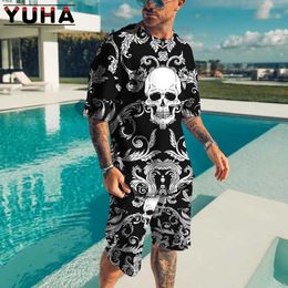 Men's Tracksuits YUHA Summer Mens T-shirt Set 3D Scary Skull Print Casual Short Sleeve 2-piece Latest Q2405010