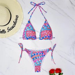 Women's Swimwear Floral Print Bikini Ruched String Backless Two Piece Y2K Swimsuit Women Trend Beach Thong Brazil Vacation Bathing Suit