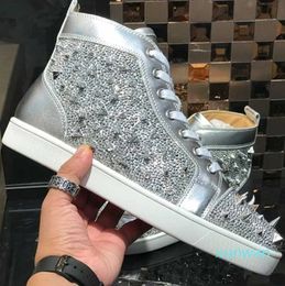 Top Famous Gold Shiny Leather men casual Shoes Spikes Sneakers Man Women High Top Luxury Party Wedding No. Limited Skateborad Walking with box