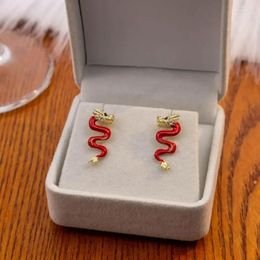 Stud Earrings Silver Needle Red Color Metal Dragon Dripping Oil For Women Girls Shining Rhinestone Jewelry Gifts