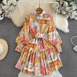 Casual Dresses 2024 Spring Runway Gorgeous Flower Dress Women's Stand Collar Long Sleeve Floral Print Chiffon Maxi Pleated Vestidos 2394