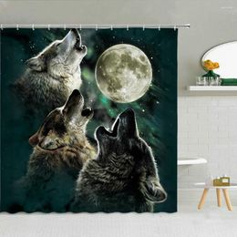 Shower Curtains Wolf Planet Pattern Curtain Wild Animal Roaring Night Landscape Bathroom Decor Waterproof Fabric With Hooks Set