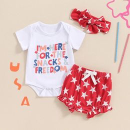 Clothing Sets Baby Girls Summer Clothes 4th Of July Outfit Letter Print Short Sleeve Romper Star Ruffle Shorts Headband Set