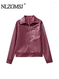 Women's Jackets Nlzgmsj 2024 Woman Fashion Wine Red Motorcycle Casual Imitation Leather Jacket Coat Autumn Winter Long Sleeve