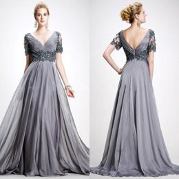 Short Sleeves Flowy Chiffon Mother of the Bride Dresses with Appliques Lace Long Formal Occasion Evening Gowns 279F