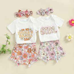 Clothing Sets Infant Baby Girls Clothes Set Short Sleeve Letters Print Romper Flower Shorts With Hairband Summer Toddler Outfits