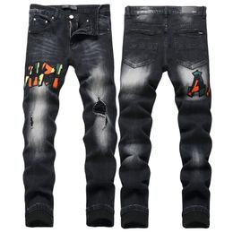 Men's Jeans European Letter AMIRIiocn Men Embroidery Patchwork Trend Brand Motorcycle Pants Mens Skinny Ripped AM3609 Size 29-38