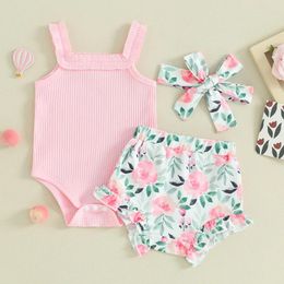 Clothing Sets Summer Infant Baby Girls 3pc Outfit Ruffles Knitted Ribbed Pink Sleeveless Romper Floral Shorts Headband Set