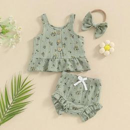 Clothing Sets Baby Girl Summer Floral Print Tank Tops Elastic Waist Frill Trim Shorts Headband 3 Piece Outfits Nebworn Set