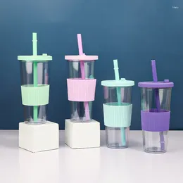 Mugs 710ml Double Wall Reusable Plastic Macroporous BubbleTea Tumber Pearl MilkTea Tumbler With Big Straw And Silicone Sleeve