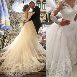2022 Luxury African Mermaid Wedding Dresses V Neck Long Sleeves Illusion Full Lace Applique Overskirts Detachable Train Button Back Bri 321J
