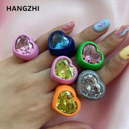 HangZhi Trendy Sparkling Hyperbole Heart Crystal Rhinestones Colorful Glazed Metal Open Ring for Women Party Jewelry 240508