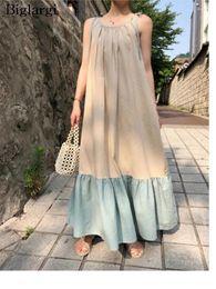 Casual Dresses Summer Sleeveless Slip A-Line Dress Women Ruffle Print Patchwork Fashion Loose Pleated Ladies Korean Woman Long