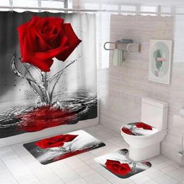 Shower Curtains 3D Rose Flower Curtain Set Non-Slip Rugs Bath Mat Toilet Lid Cover And 12 Hooks Waterproof Polyester Bathroom Decor