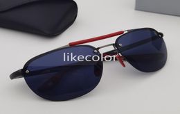 Rimless sunglasses driving glasses racing style metal and nylon fiber frame shield logo red yellow rubber temple hole detail desig6357409