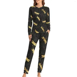 Women's Sleepwear Gold Dragonfly Pyjamas Modern Animal 2 Piece Casual Loose Pyjama Sets Women Long Sleeves Retro Oversize