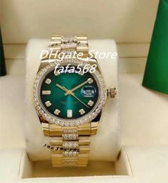test Automatic men watch 128348 36mm gold case stones bezel and diamonds in middle of bracelet green face wrist watches5250547