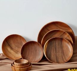 Plates 1pc Kitchen Round Wooden Dried Fruit Tray Snack Plate Handcraft Dish Walnut Wood Tableware Japanese Cake Stand