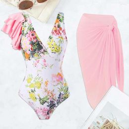 Women's Swimwear Ruffled Set Stylish Floral Print One-piece Swimsuit With Chiffon Cover Up Skirt V-neck Monokini For Female