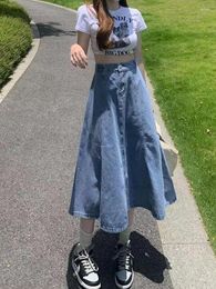 Skirts GIDYQ Korean Women Denim Elastic High Waist A Line Jeans Long Blue Plus Size Cotton Female 5Xl