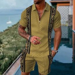 Men's Tracksuits Vintage Casual Striped 3D Print Polo shirt 2pcs Set Zipper Lapel Sets Collar+Shorts Hawaii Holiday Style Man Clothes Q2405010