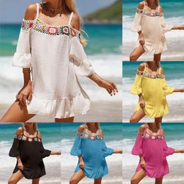 Crochet Bikini Cover Up Off Shoulder Beach Dress Summer Swimwear Coverups Beachwear Cotton Bathing Suit Female Pareo