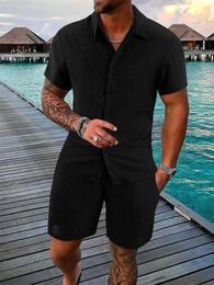 Men's Tracksuits Men 2Pcs Sets Summer 3D Print Casual Solid Color Stripe Suit Shirt Beach Button Shorts Streetwear Holiday Two Piece Q2405010