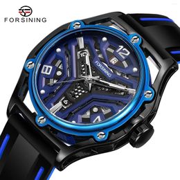Wristwatches 2024 FORSINING Blue Robot Y Design Transparent Skeleton Rubber Band Men Mechanical Automatic Watch Luxury Montre Homme Clock
